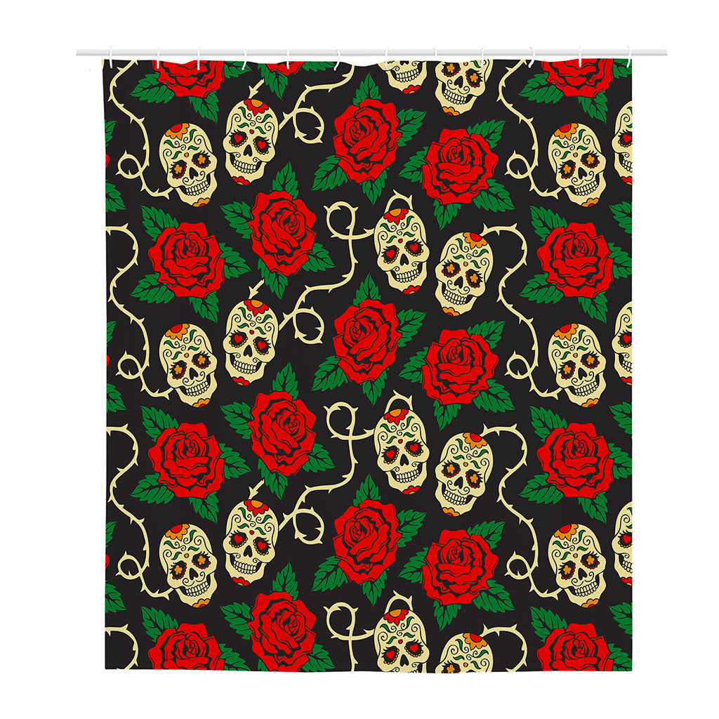 Rose Flower Sugar Skull Pattern Print Polyester Shower Curtain