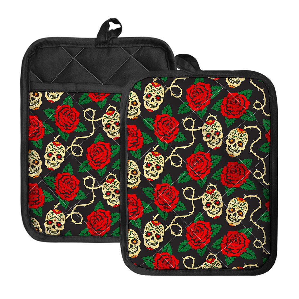Rose Flower Sugar Skull Pattern Print Pot Holders With Pocket