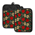 Rose Flower Sugar Skull Pattern Print Pot Holders With Pocket