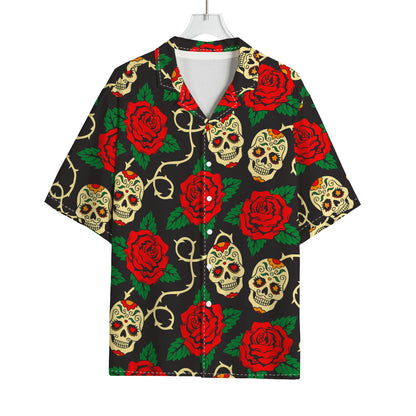 Rose Flower Sugar Skull Pattern Print Rayon Hawaiian Shirt