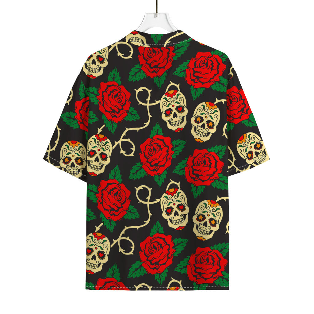 Rose Flower Sugar Skull Pattern Print Rayon Hawaiian Shirt