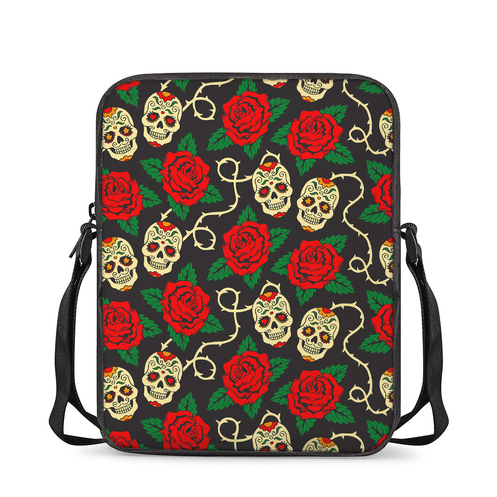 Rose Flower Sugar Skull Pattern Print Rectangular Crossbody Bag