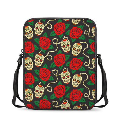 Rose Flower Sugar Skull Pattern Print Rectangular Crossbody Bag