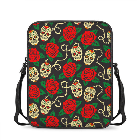 Rose Flower Sugar Skull Pattern Print Rectangular Crossbody Bag