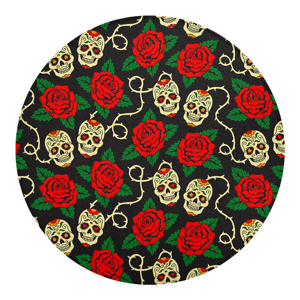 Rose Flower Sugar Skull Pattern Print Round Blanket