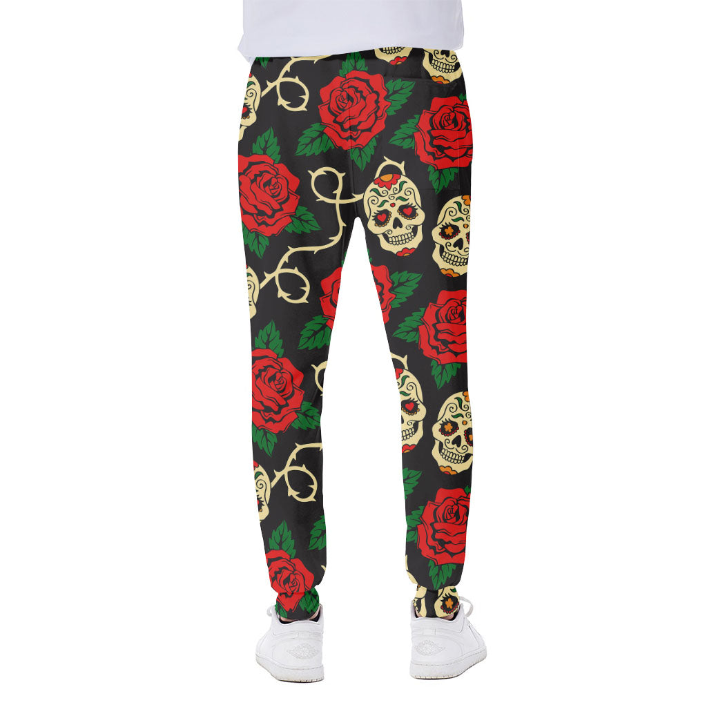 Rose Flower Sugar Skull Pattern Print Scuba Joggers