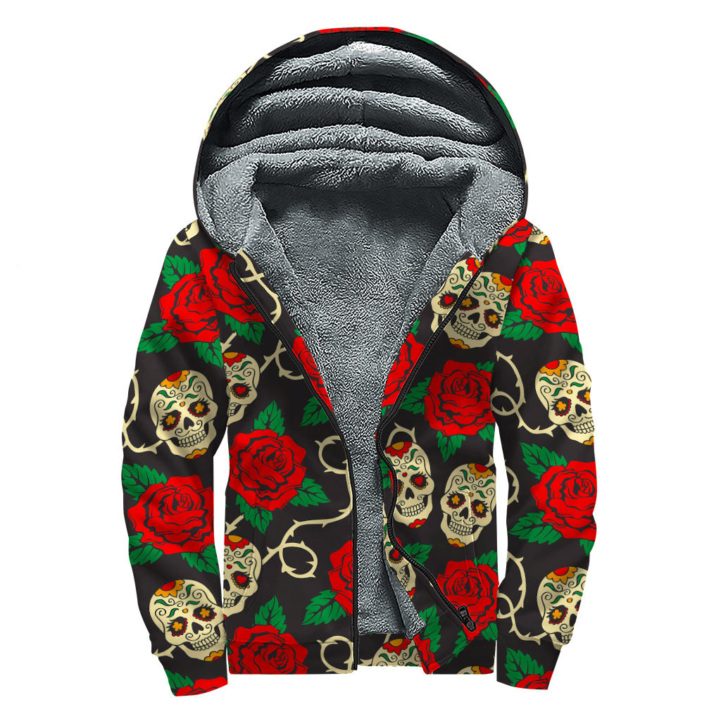 Rose Flower Sugar Skull Pattern Print Sherpa Lined Zip Up Hoodie