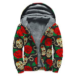 Rose Flower Sugar Skull Pattern Print Sherpa Lined Zip Up Hoodie