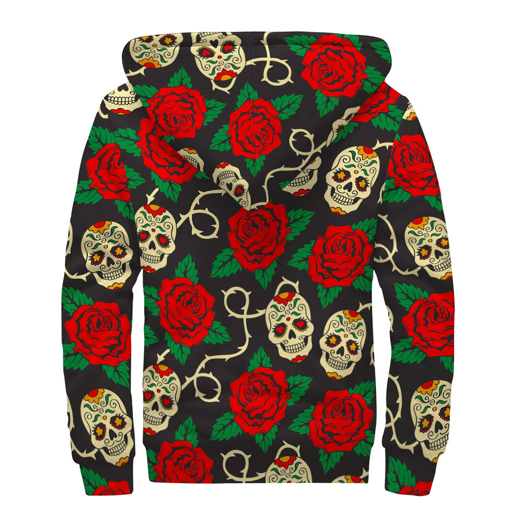 Rose Flower Sugar Skull Pattern Print Sherpa Lined Zip Up Hoodie