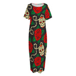 Rose Flower Sugar Skull Pattern Print Short Sleeve Long Nightdress