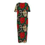 Rose Flower Sugar Skull Pattern Print Short Sleeve Long Nightdress