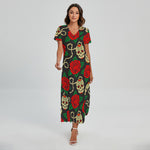 Rose Flower Sugar Skull Pattern Print Short Sleeve Maxi Dress