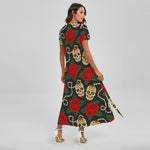 Rose Flower Sugar Skull Pattern Print Short Sleeve Maxi Dress