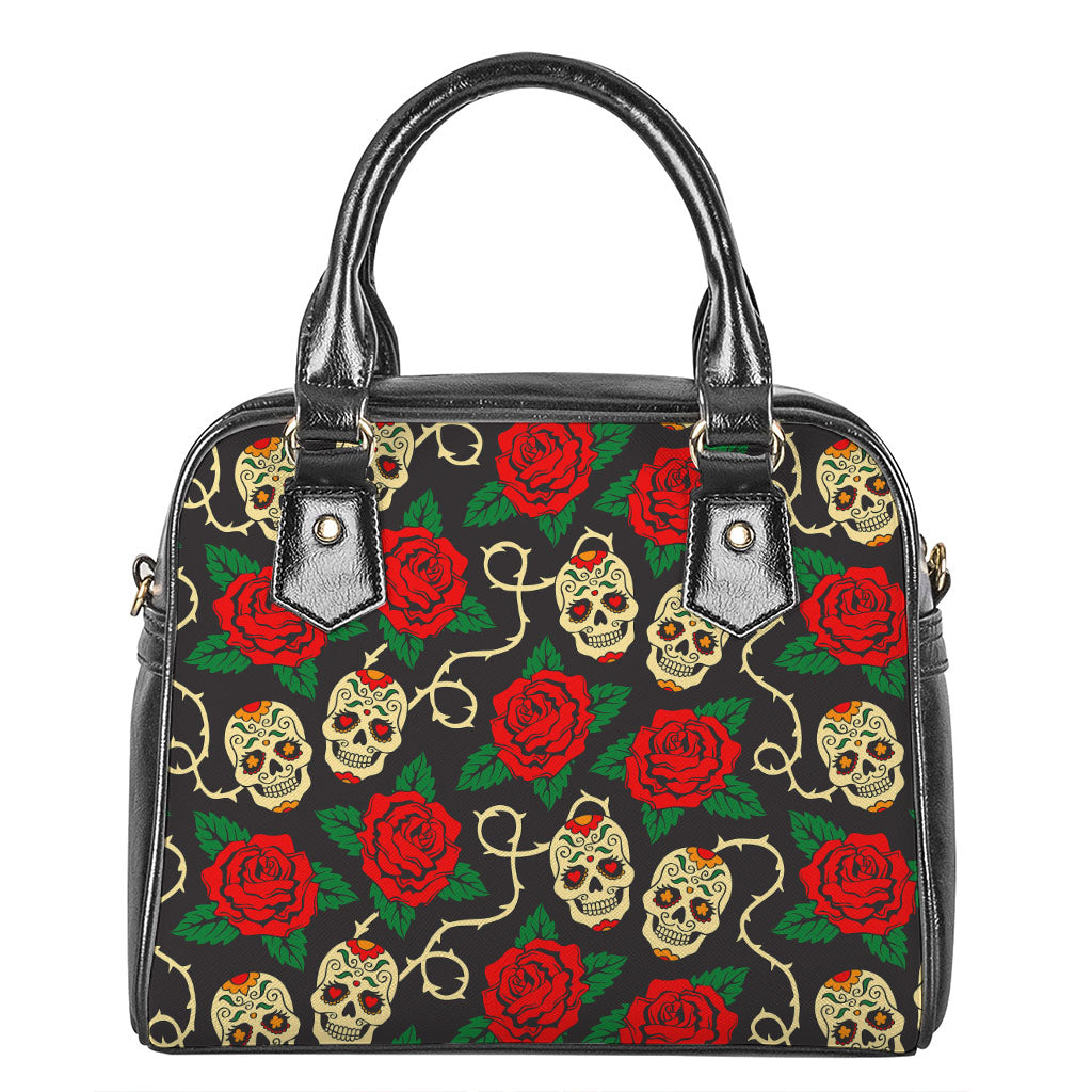 Rose Flower Sugar Skull Pattern Print Shoulder Handbag