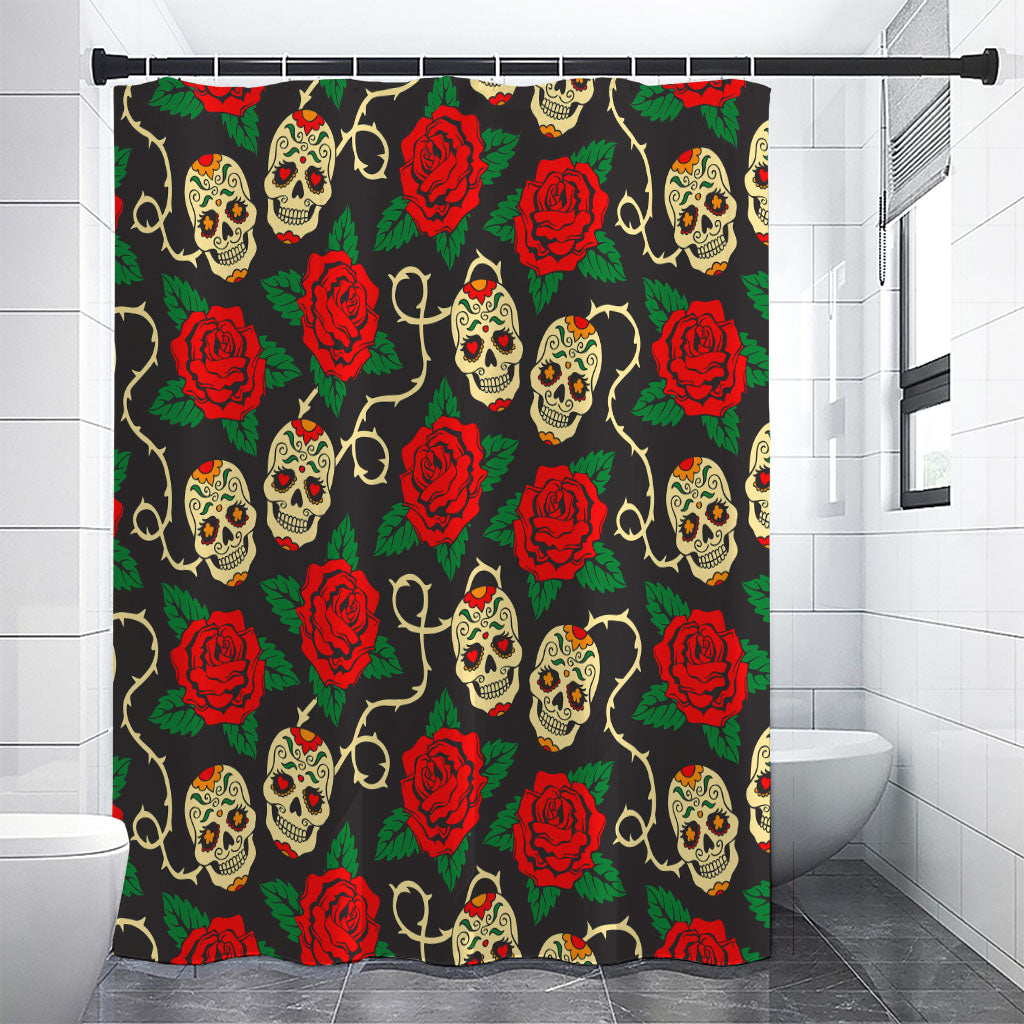 Rose Flower Sugar Skull Pattern Print Shower Curtain