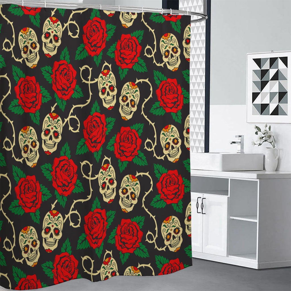 Rose Flower Sugar Skull Pattern Print Shower Curtain