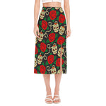 Rose Flower Sugar Skull Pattern Print Side Slit Midi Skirt