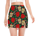 Rose Flower Sugar Skull Pattern Print Side Slit Mini Skirt