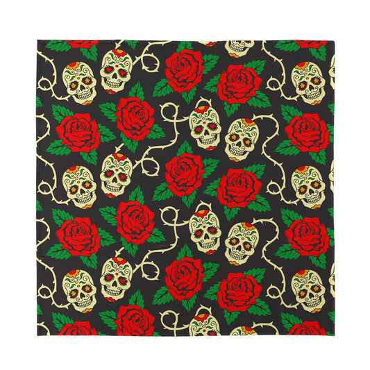 Rose Flower Sugar Skull Pattern Print Silk Bandana