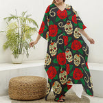 Rose Flower Sugar Skull Pattern Print Silk V-Neck Kaftan Dress