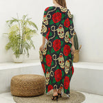 Rose Flower Sugar Skull Pattern Print Silk V-Neck Kaftan Dress
