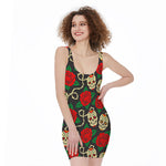 Rose Flower Sugar Skull Pattern Print Sleeveless Bodycon Dress