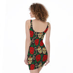 Rose Flower Sugar Skull Pattern Print Sleeveless Bodycon Dress