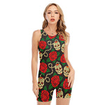 Rose Flower Sugar Skull Pattern Print Sleeveless One Piece Swimsuit