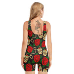 Rose Flower Sugar Skull Pattern Print Sleeveless One Piece Swimsuit