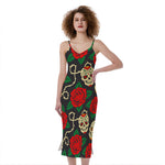 Rose Flower Sugar Skull Pattern Print Slim Fit Midi Cami Dress