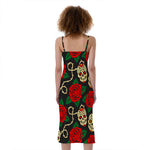 Rose Flower Sugar Skull Pattern Print Slim Fit Midi Cami Dress