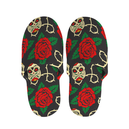 Rose Flower Sugar Skull Pattern Print Slippers