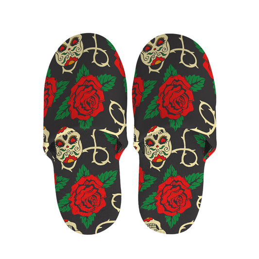 Rose Flower Sugar Skull Pattern Print Slippers