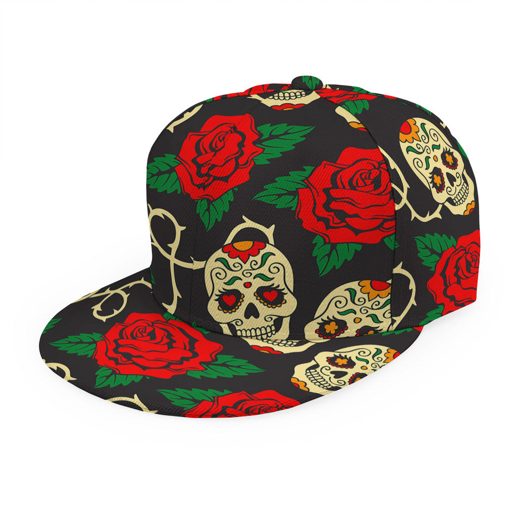 Rose Flower Sugar Skull Pattern Print Snapback Cap
