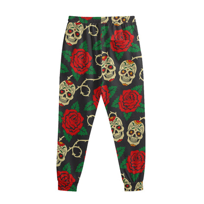 Rose Flower Sugar Skull Pattern Print Sweatpants