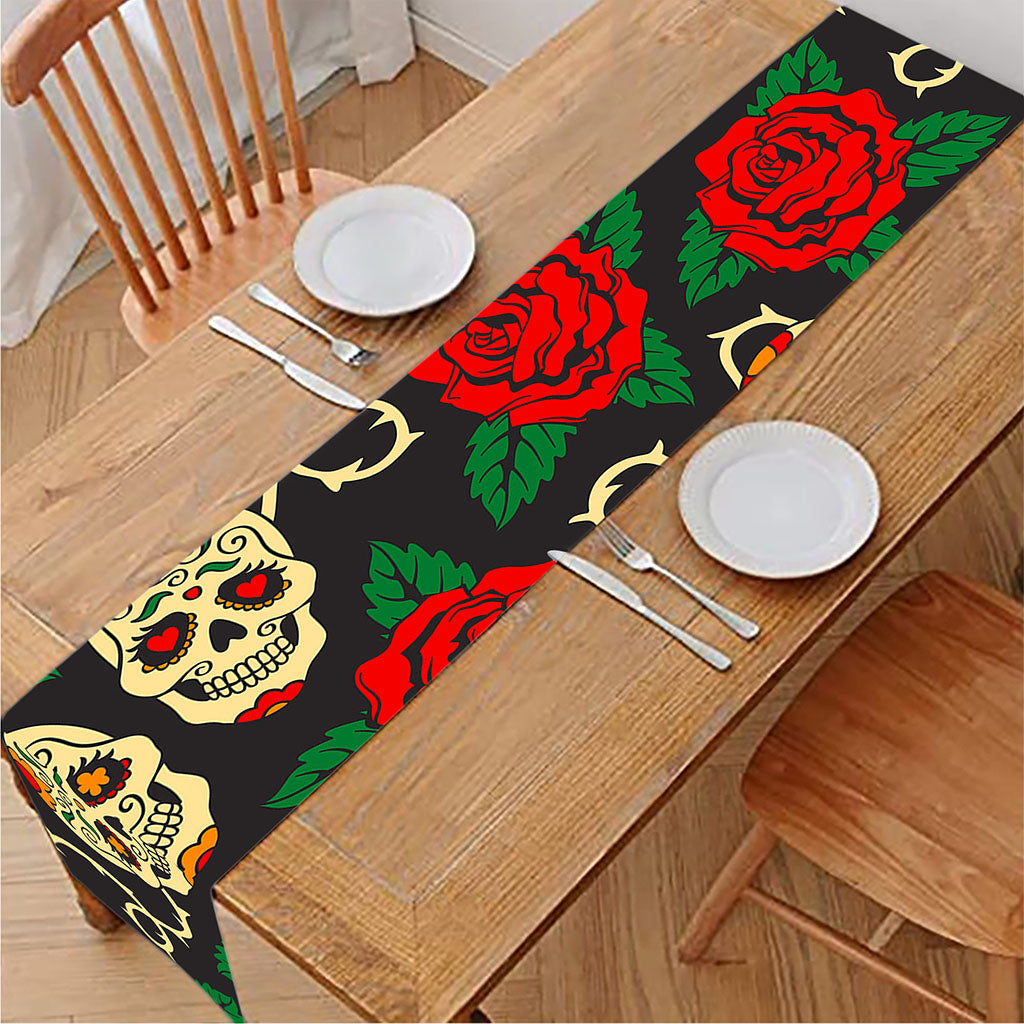 Rose Flower Sugar Skull Pattern Print Table Runner