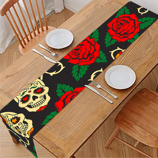 Rose Flower Sugar Skull Pattern Print Table Runner