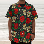 Rose Flower Sugar Skull Pattern Print Textured Short Sleeve Shirt
