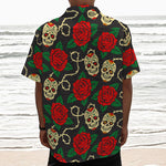 Rose Flower Sugar Skull Pattern Print Textured Short Sleeve Shirt
