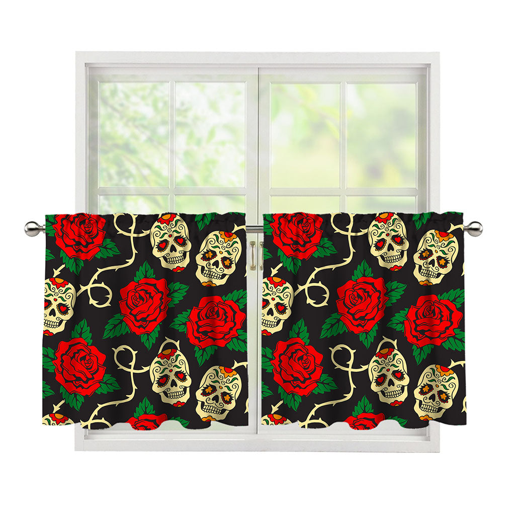 Rose Flower Sugar Skull Pattern Print Tier Curtains