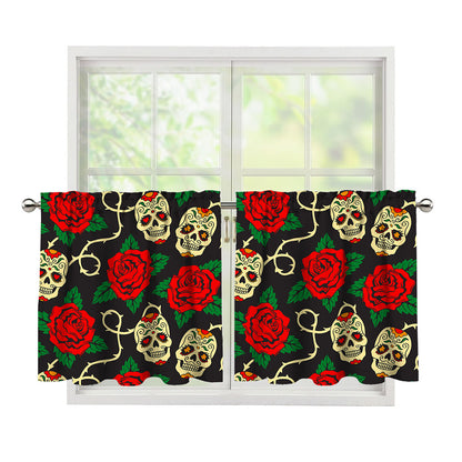 Rose Flower Sugar Skull Pattern Print Tier Curtains