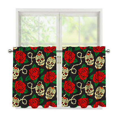 Rose Flower Sugar Skull Pattern Print Tier Curtains