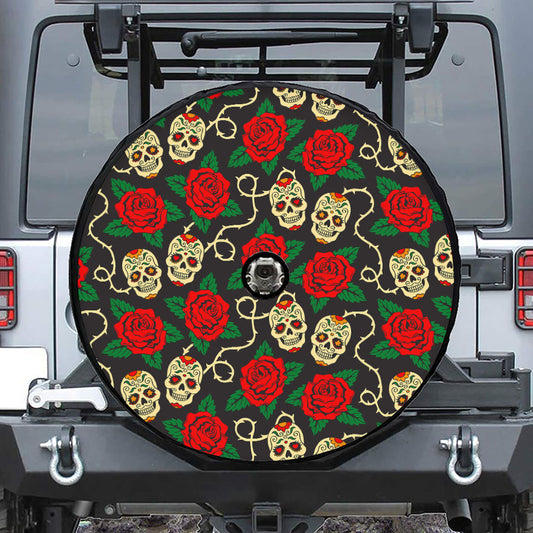 Rose Flower Sugar Skull Pattern Print Tire Cover With Camera Hole