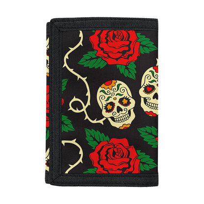 Rose Flower Sugar Skull Pattern Print Trifold Wallet