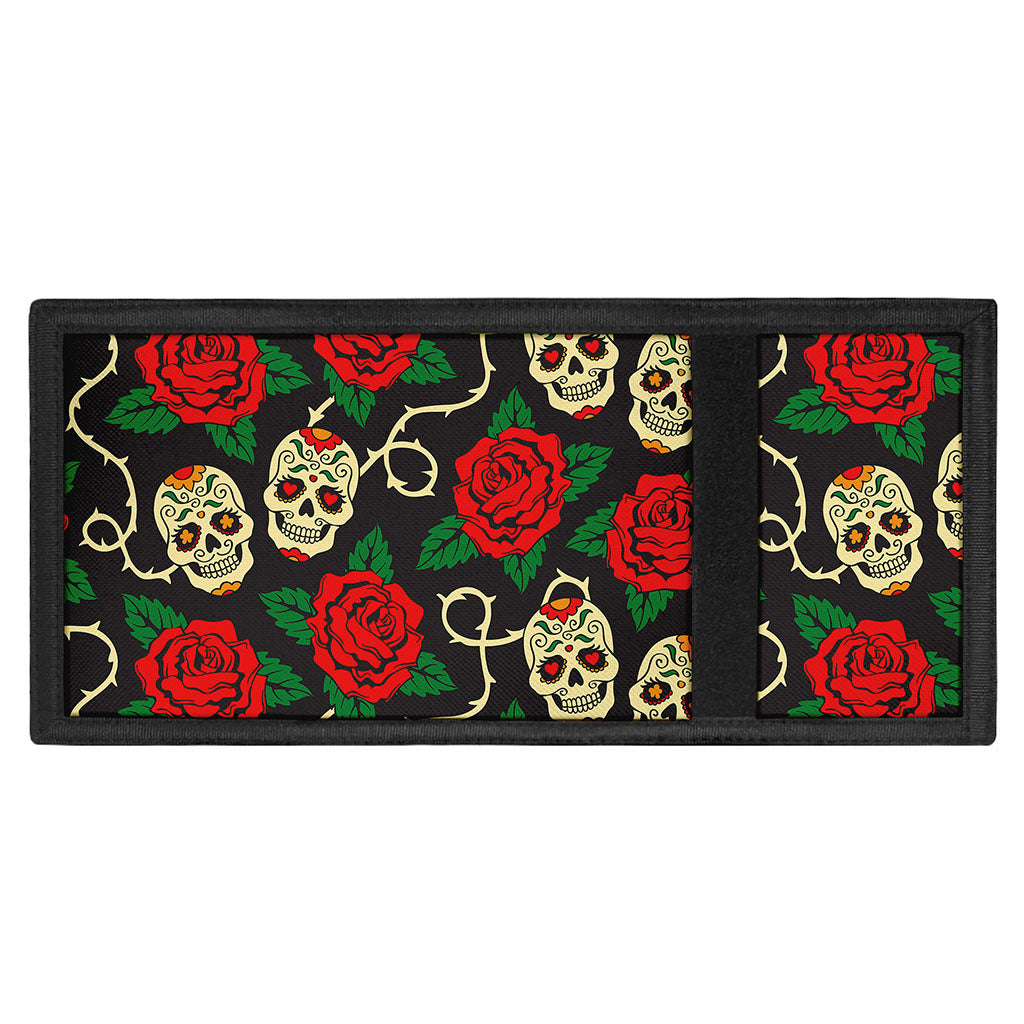 Rose Flower Sugar Skull Pattern Print Trifold Wallet