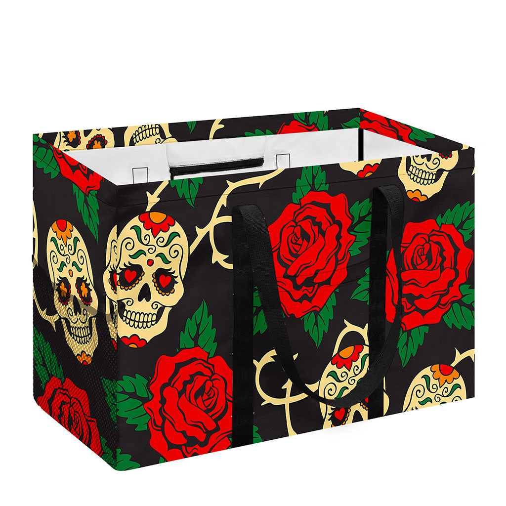 Rose Flower Sugar Skull Pattern Print Utility Tote Bag