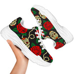 Rose Flower Sugar Skull Pattern Print White Chunky Shoes