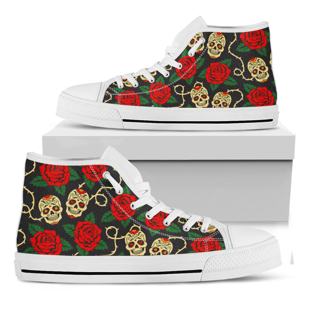 Rose Flower Sugar Skull Pattern Print White High Top Sneakers