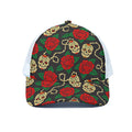 Rose Flower Sugar Skull Pattern Print White Mesh Trucker Hat