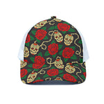 Rose Flower Sugar Skull Pattern Print White Mesh Trucker Cap